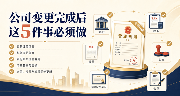 公司变更完成后这5件事必须做:印章、银行、税务、许可证和合同同步指南(图1) 公司变更完成后这5件事必须做:印章、银行、税务、许可证和合同同步指南(图1)